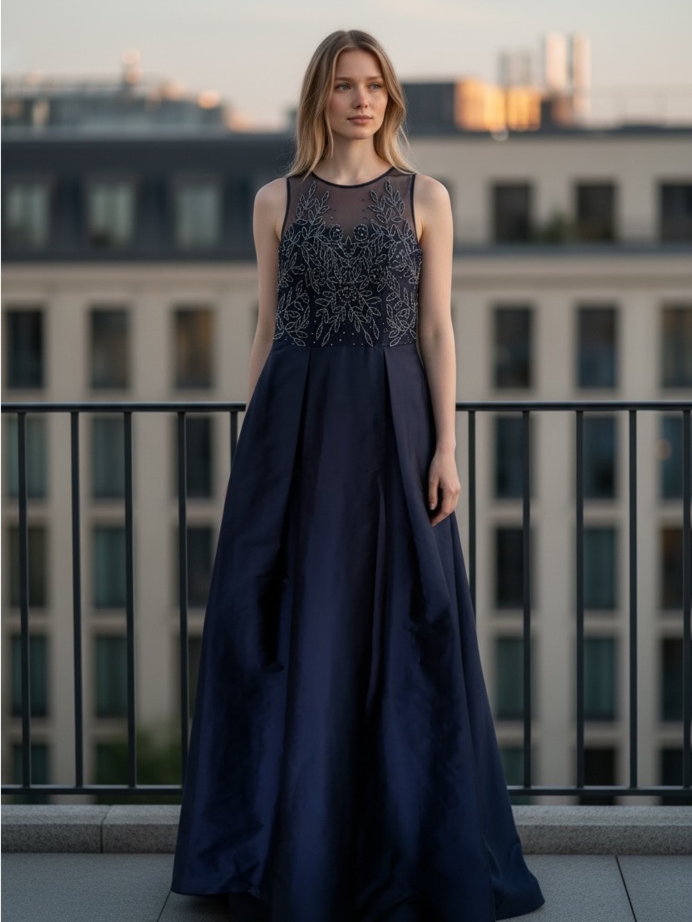 NWOT Adrianna Papell Navy Beaded Illusion Neck Maxi Gown Size 2